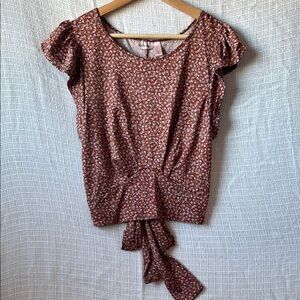 Floral Brown Top with Tie Detail
